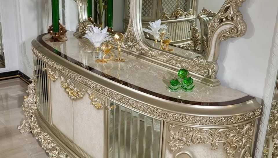 Imperial European Silver Royal Dining Set with Heavy Hand-Carved Detailing, Regal Upholstered Chairs And Ornate Display Cabinet