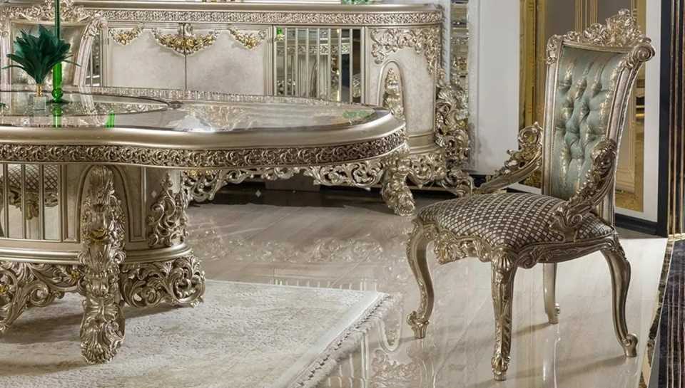 Imperial European Silver Royal Dining Set with Heavy Hand-Carved Detailing, Regal Upholstered Chairs And Ornate Display Cabinet