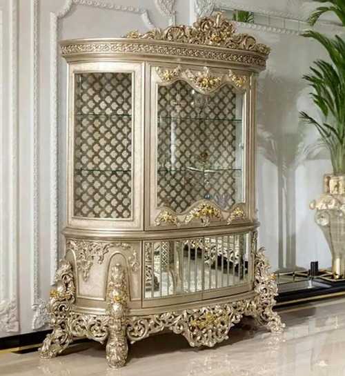 Imperial European Silver Royal Dining Set with Heavy Hand-Carved Detailing, Regal Upholstered Chairs And Ornate Display Cabinet