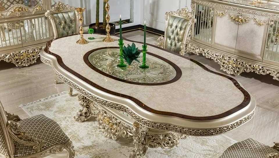 Imperial European Silver Royal Dining Set with Heavy Hand-Carved Detailing, Regal Upholstered Chairs And Ornate Display Cabinet