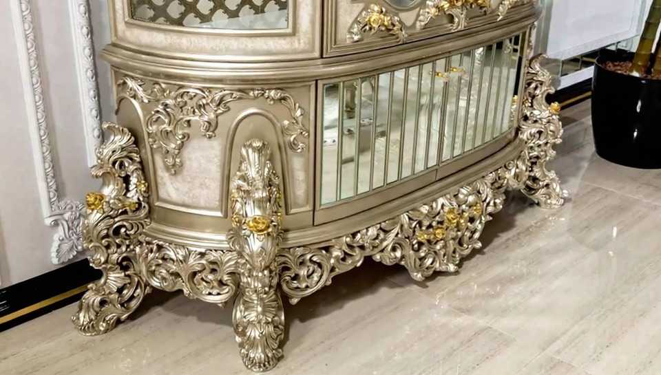 Imperial European Silver Royal Dining Set with Heavy Hand-Carved Detailing, Regal Upholstered Chairs And Ornate Display Cabinet