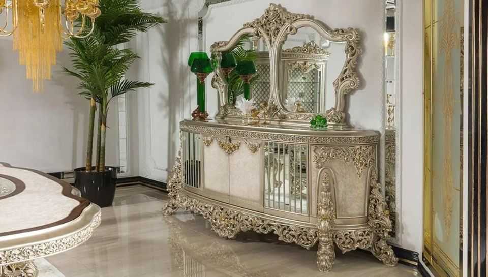 Imperial European Silver Royal Dining Set with Heavy Hand-Carved Detailing, Regal Upholstered Chairs And Ornate Display Cabinet