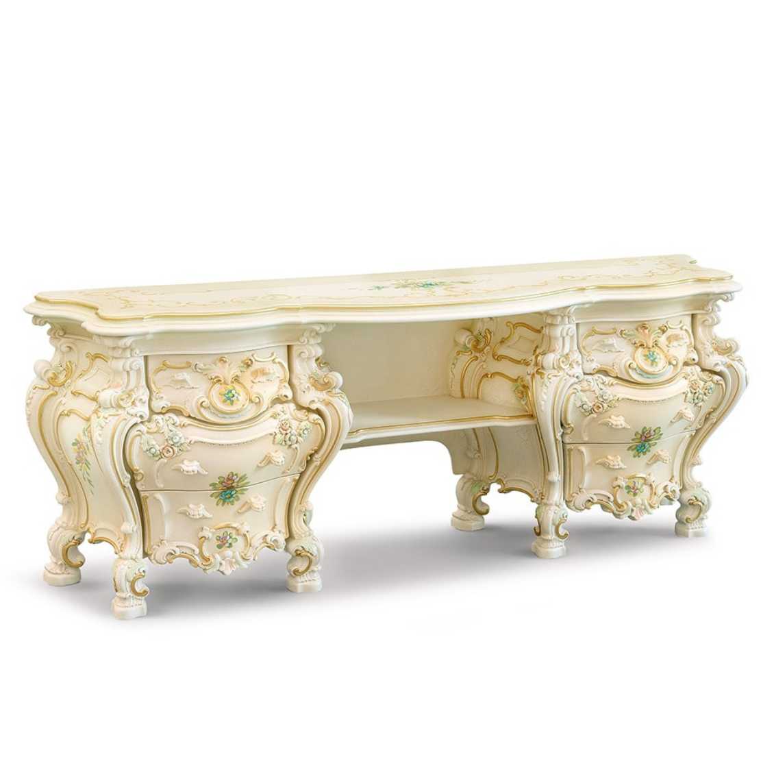 Italian Classic Hand-Carved Bedroom Set Featuring Antique Ivory Finish, Floral Hand-Painting, Ornate Baroque Scrollwork And Royal Curved Silhouette Design 