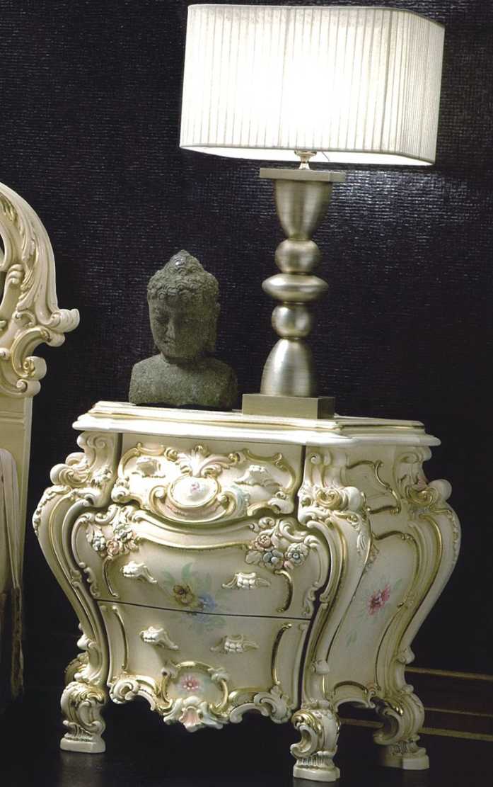 Italian Classic Hand-Carved Bedroom Set Featuring Antique Ivory Finish, Floral Hand-Painting, Ornate Baroque Scrollwork And Royal Curved Silhouette Design 