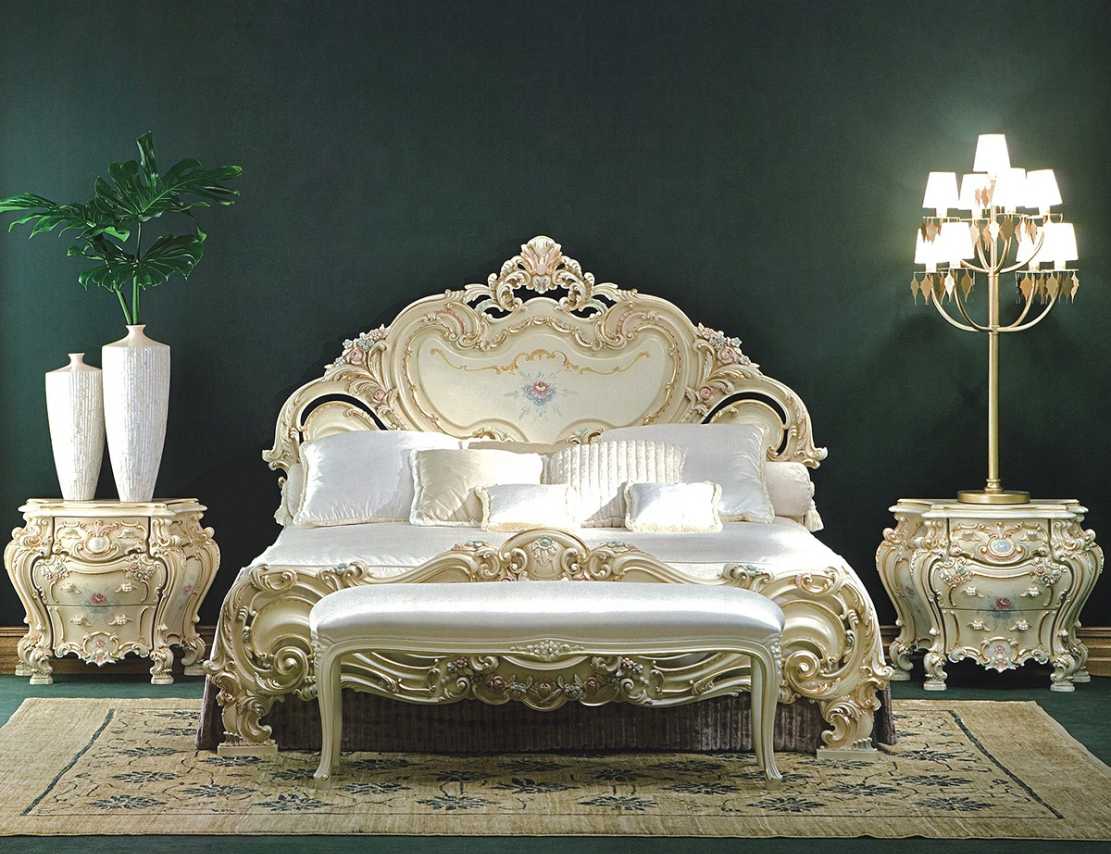 Italian Classic Hand-Carved Bedroom Set Featuring Antique Ivory Finish, Floral Hand-Painting, Ornate Baroque Scrollwork And Royal Curved Silhouette Design 