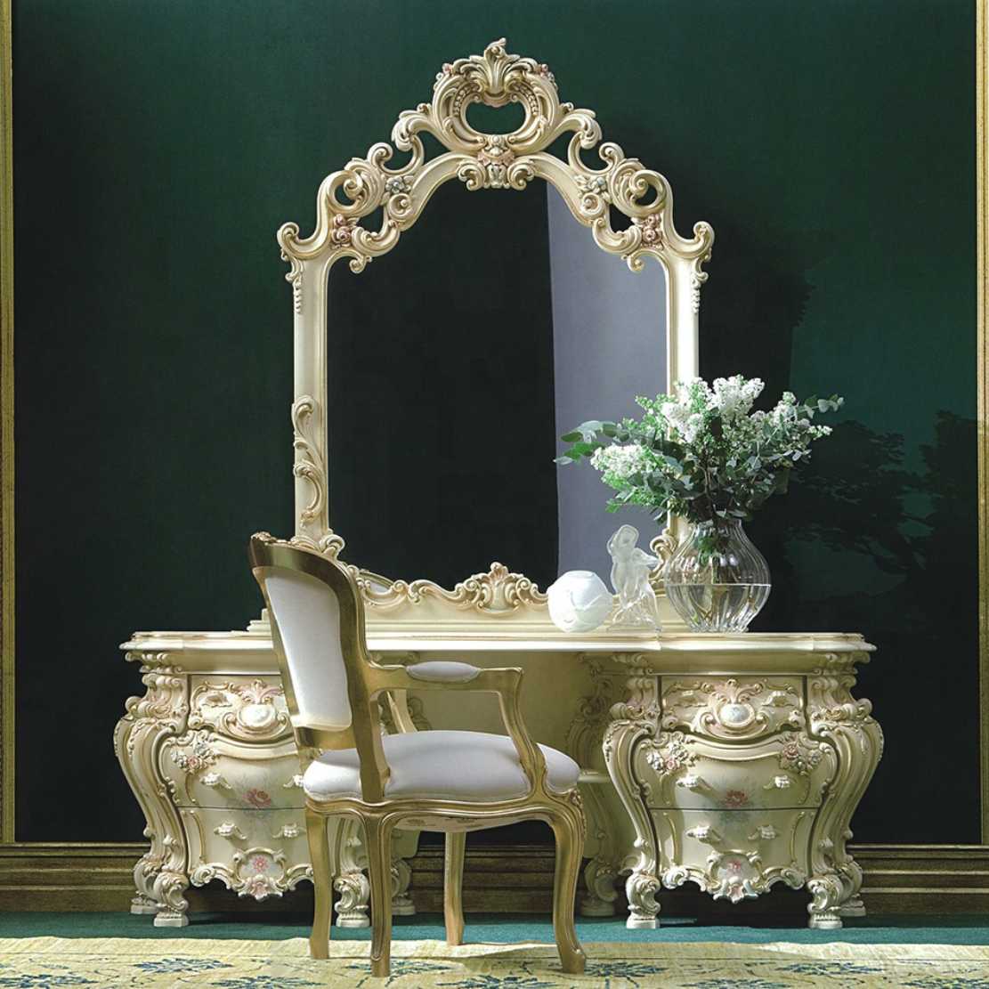 Italian Classic Hand-Carved Bedroom Set Featuring Antique Ivory Finish, Floral Hand-Painting, Ornate Baroque Scrollwork And Royal Curved Silhouette Design 