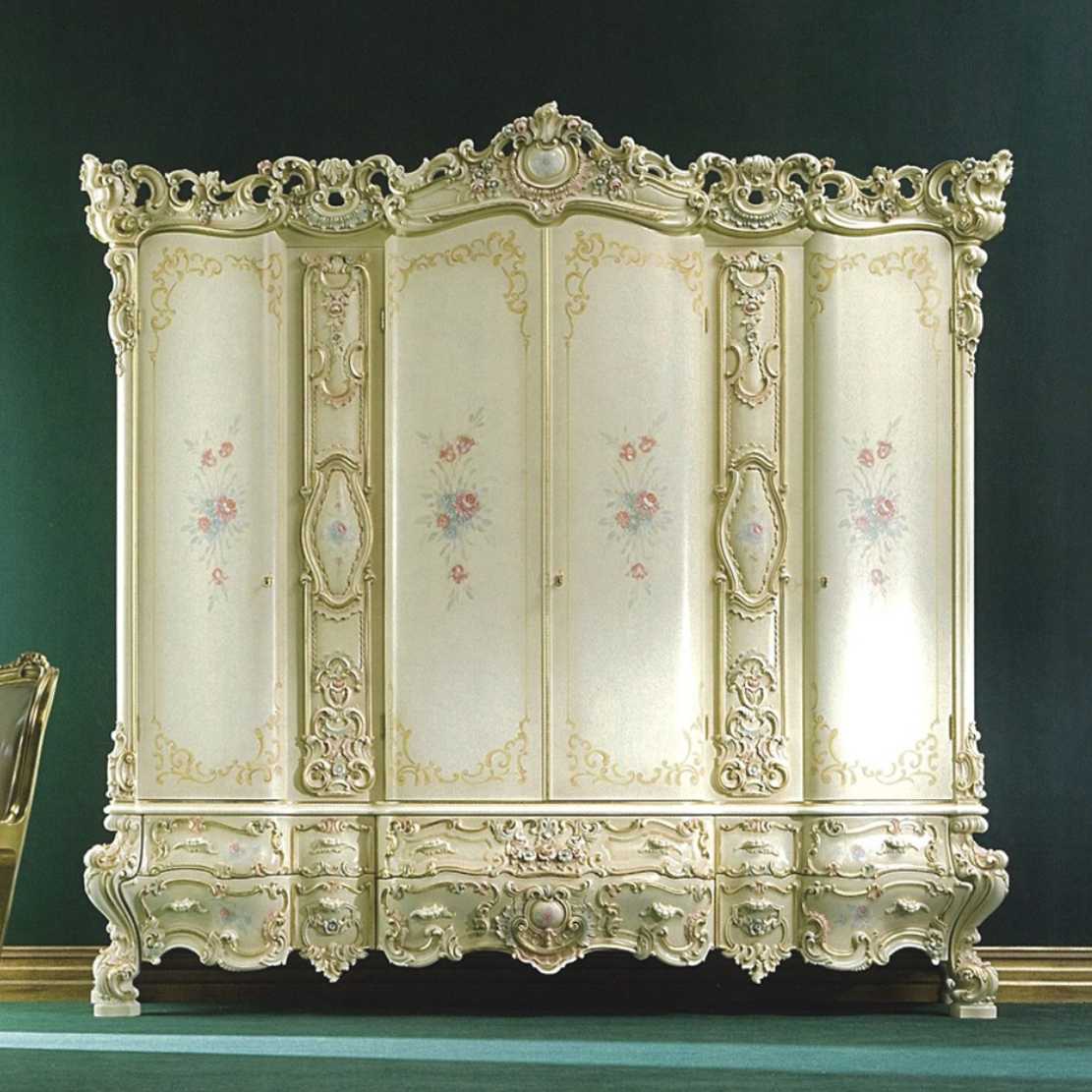 Italian Classic Hand-Carved Bedroom Set Featuring Antique Ivory Finish, Floral Hand-Painting, Ornate Baroque Scrollwork And Royal Curved Silhouette Design 