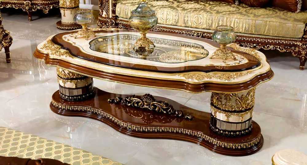 Italian Luxury Furniture – Opulent Living Room with Carved Wood & Rich Fabrics