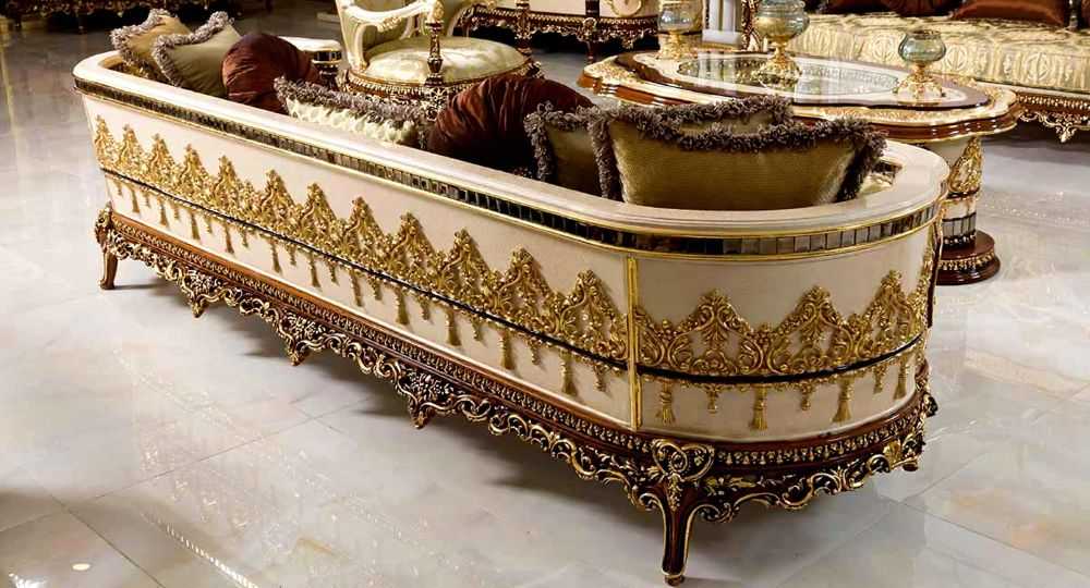 Italian Luxury Furniture – Opulent Living Room with Carved Wood & Rich Fabrics