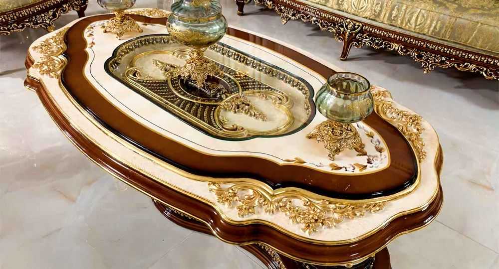 Italian Luxury Furniture – Opulent Living Room with Carved Wood & Rich Fabrics