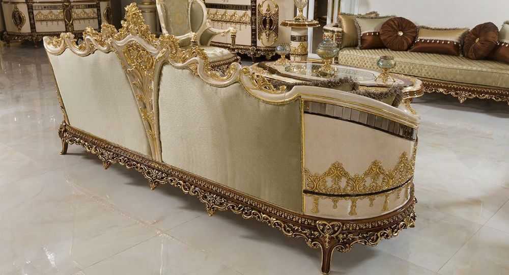 Italian Luxury Furniture – Opulent Living Room with Carved Wood & Rich Fabrics