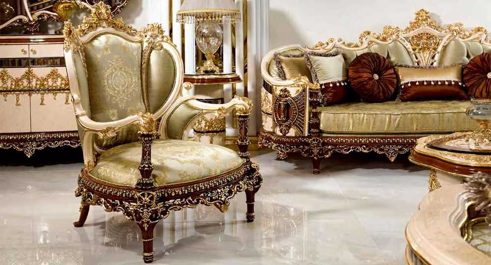Italian Luxury Furniture – Opulent Living Room with Carved Wood & Rich Fabrics