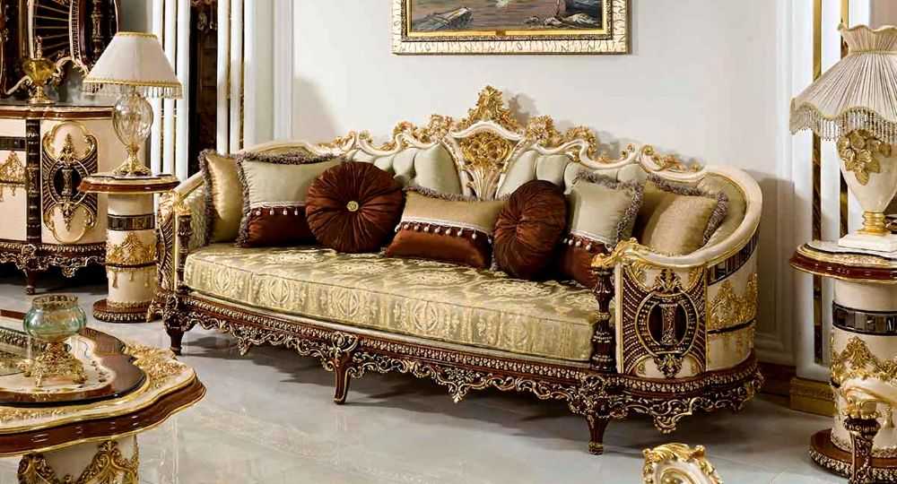 Italian Luxury Furniture – Opulent Living Room with Carved Wood & Rich Fabrics