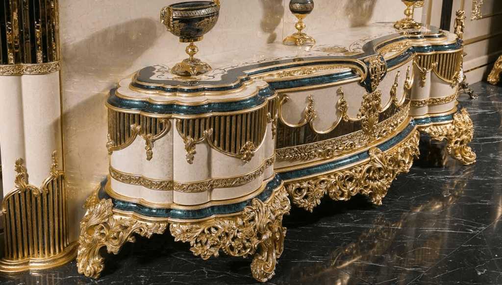 Italian Style Carved TV Unit — Handcrafted Neoclassical Media Console with Ornate Gold Detailing