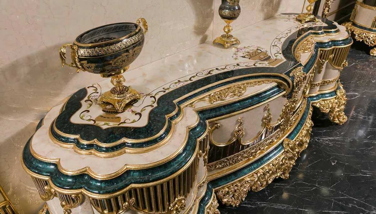 Italian Style Carved TV Unit — Handcrafted Neoclassical Media Console with Ornate Gold Detailing