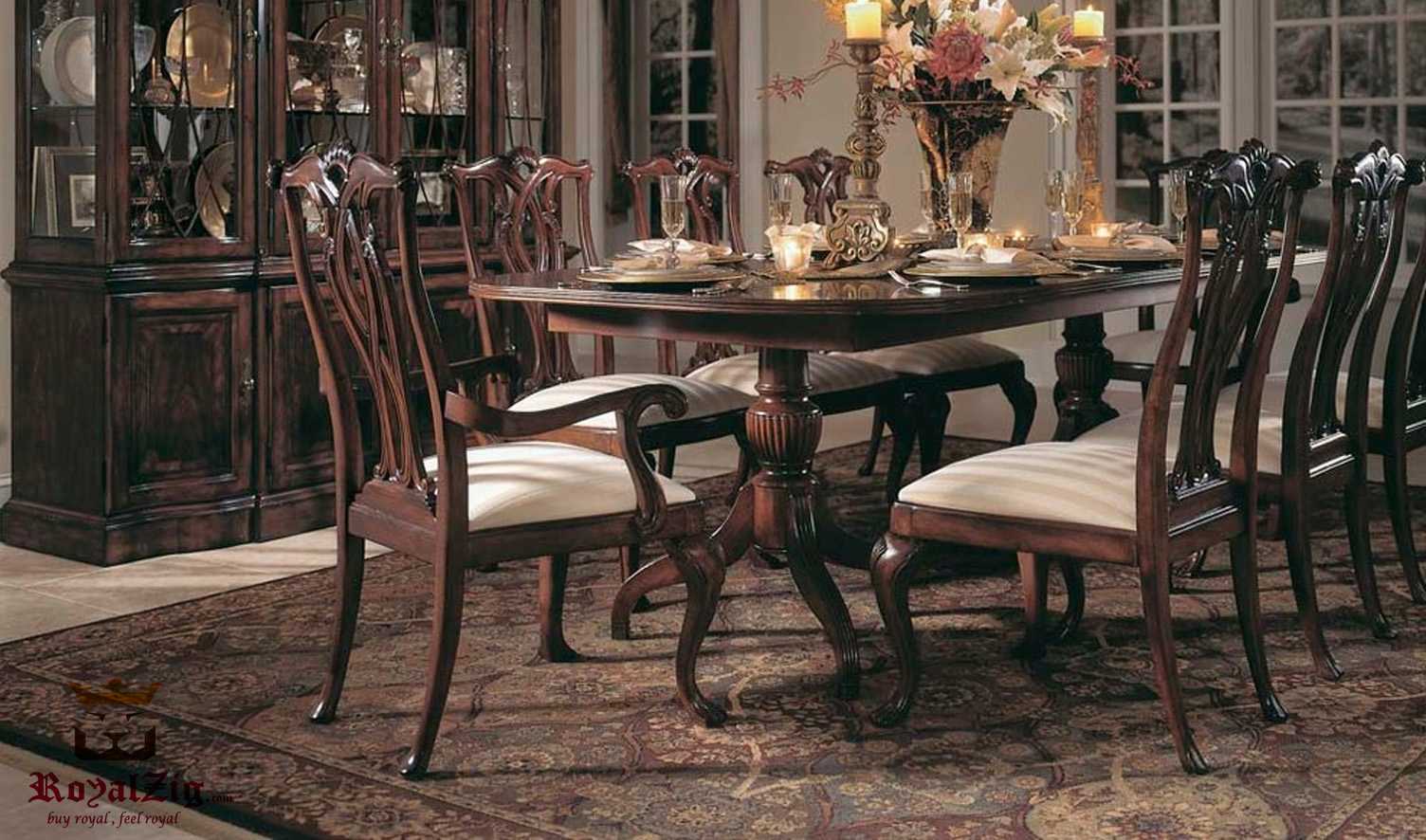 8 Seater Antique Dining Table in Classic Style Teak Wood Carving- Carved in India Brand Royalzig Luxury Furniture 