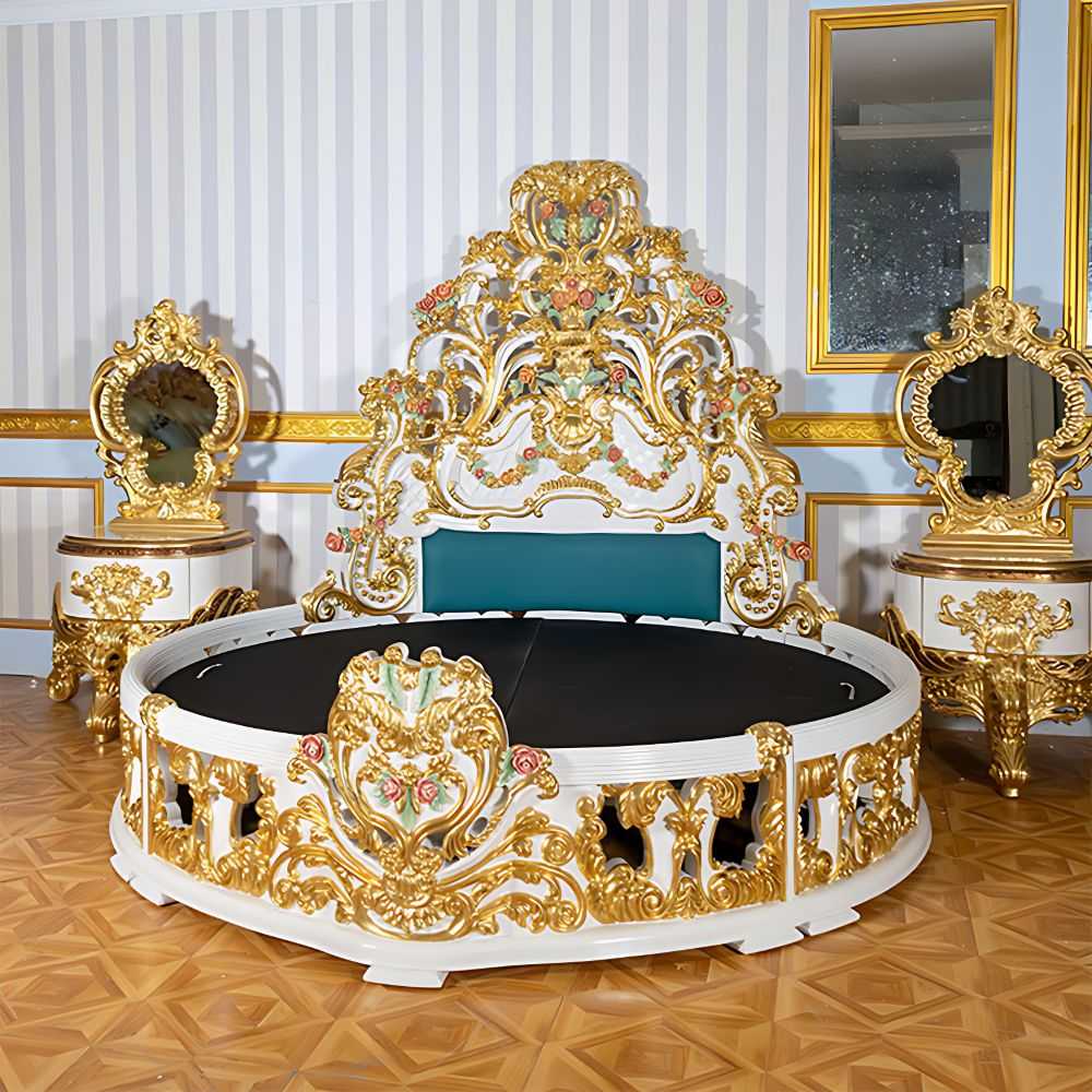 Luxurious Antique Round Bed Featuring Ornate Hand-Painted Heavy Floral Carved Headboard