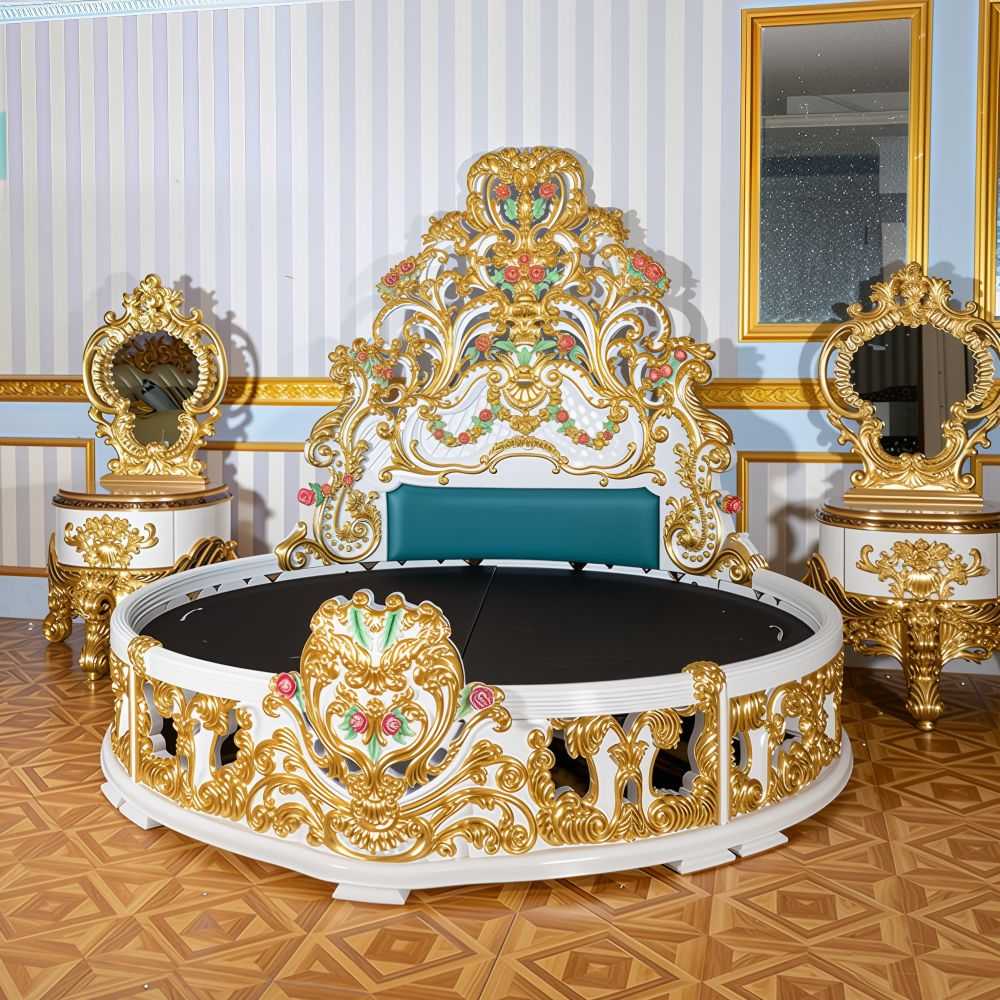 Luxurious Antique Round Bed Featuring Ornate Hand-Painted Heavy Floral Carved Headboard