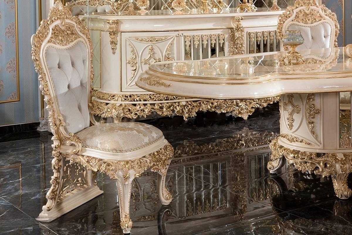 Luxurious Baroque Golden Dining Collection With Deep Sculpted Carvings Plush Upholstery And Majestic Console Mirror