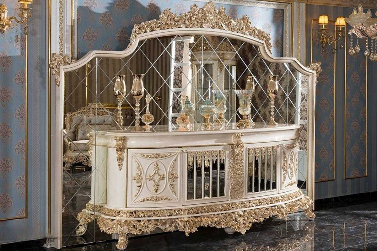 Luxurious Baroque Golden Dining Collection With Deep Sculpted Carvings Plush Upholstery And Majestic Console Mirror