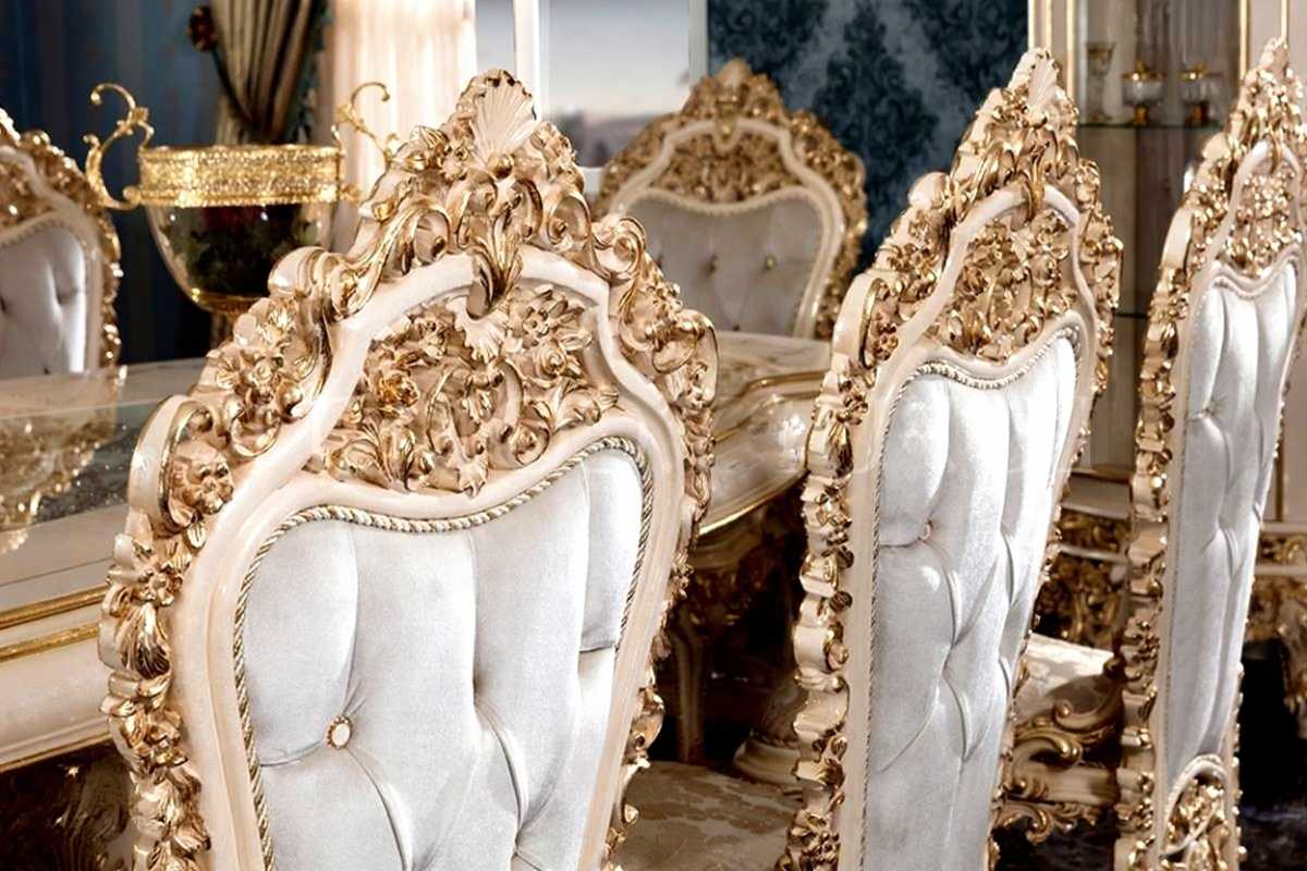 Luxurious Baroque Golden Dining Collection With Deep Sculpted Carvings Plush Upholstery And Majestic Console Mirror