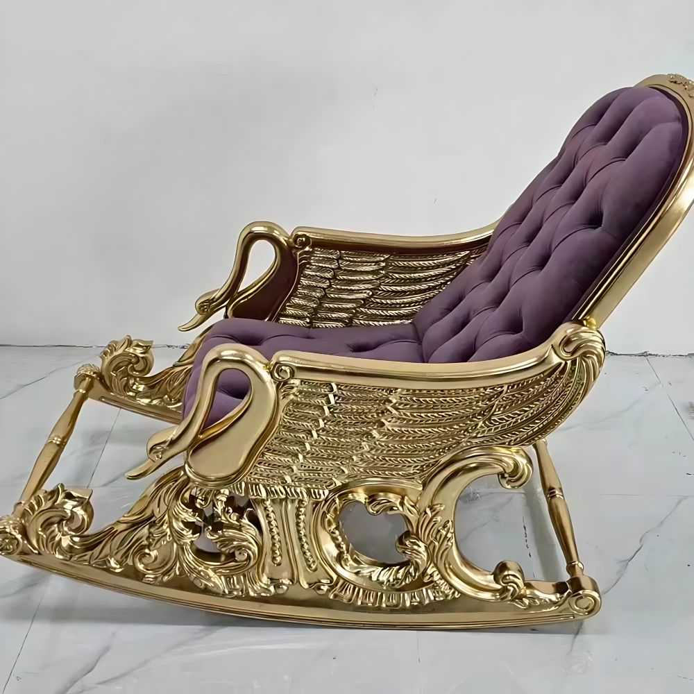 Luxurious Gold Royal Rocking Chair with Purple Tufted Cushion – Ornate Swan Design