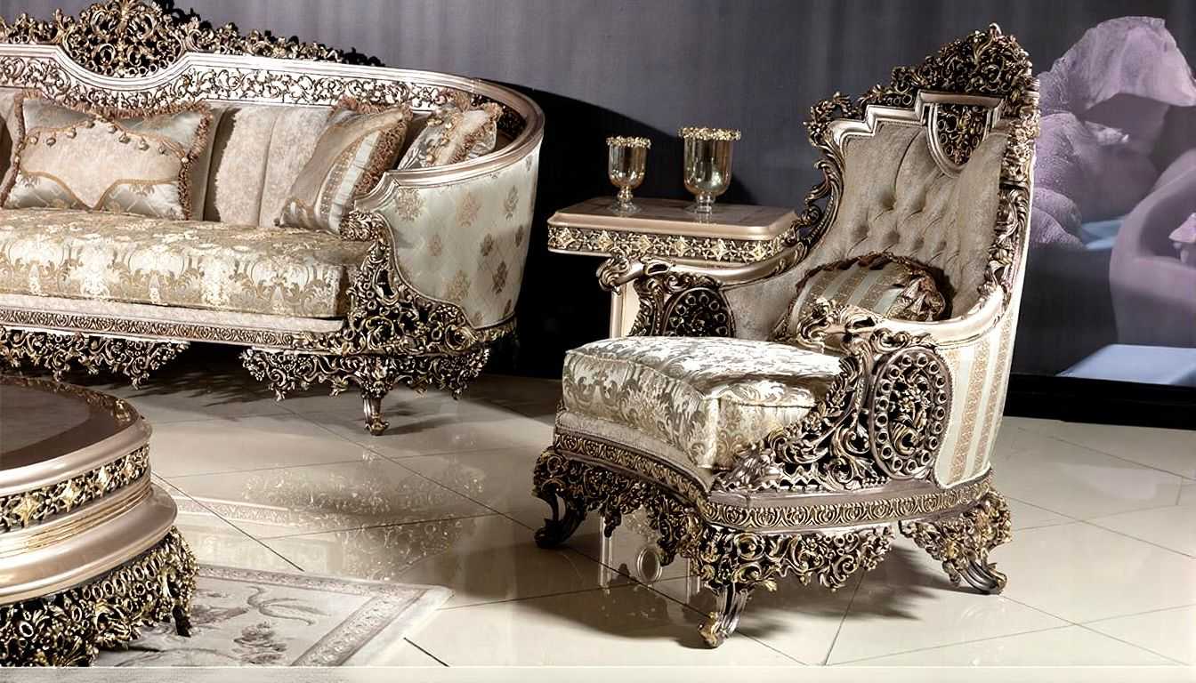 Luxurious Handcrafted Sofa Set with Elaborate Carvings and Rich Brocade Upholstery – Perfect Centerpiece for Elegant Living Rooms