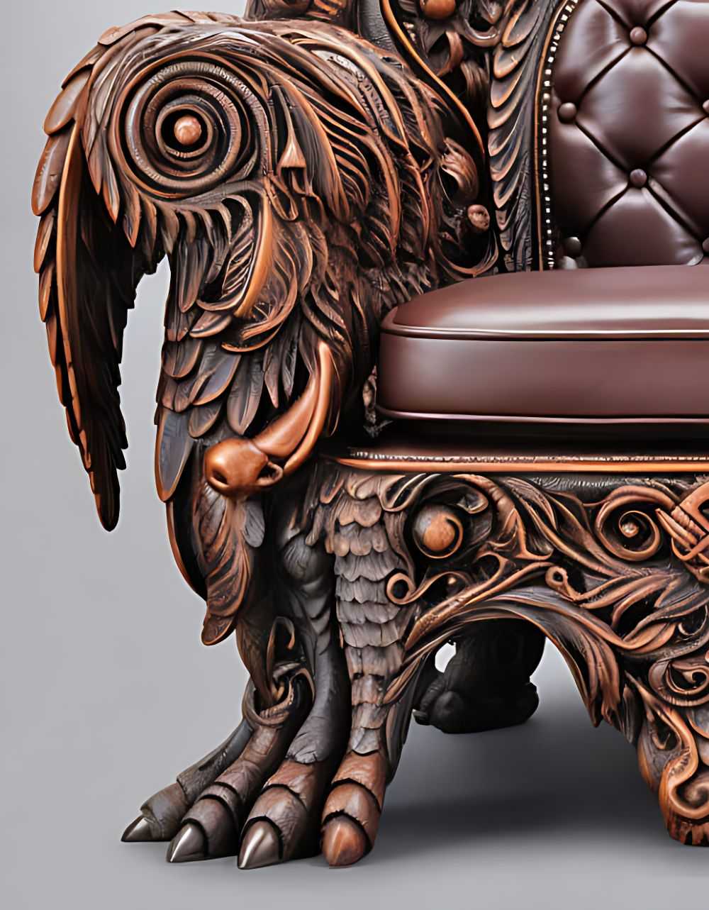 Luxurious Heavily Carved Owl Armchair – Handcrafted Wood Throne with Gothic Detailing and Rich Leather Upholstery