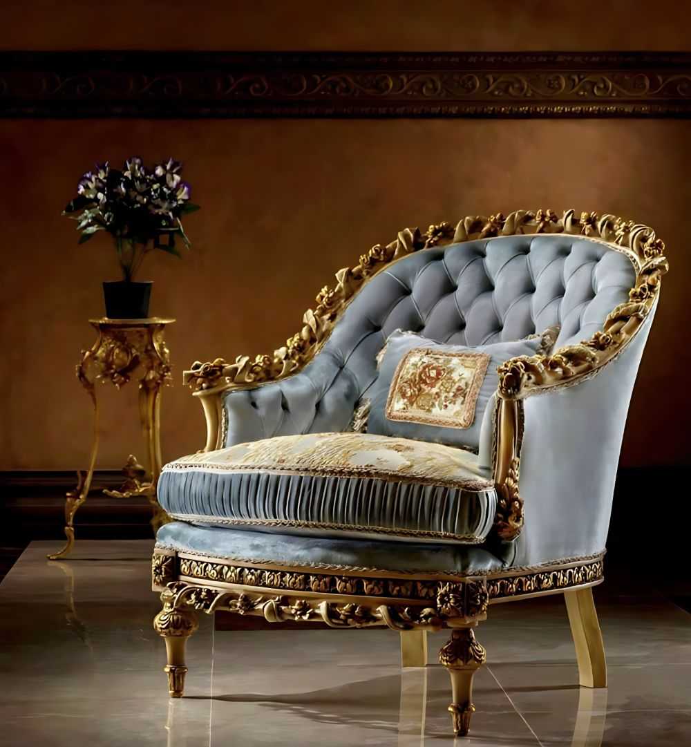 Luxurious Italian Royal Baroque Living Room Set with Blue Velvet Upholstery and Hand-Carved Gold 