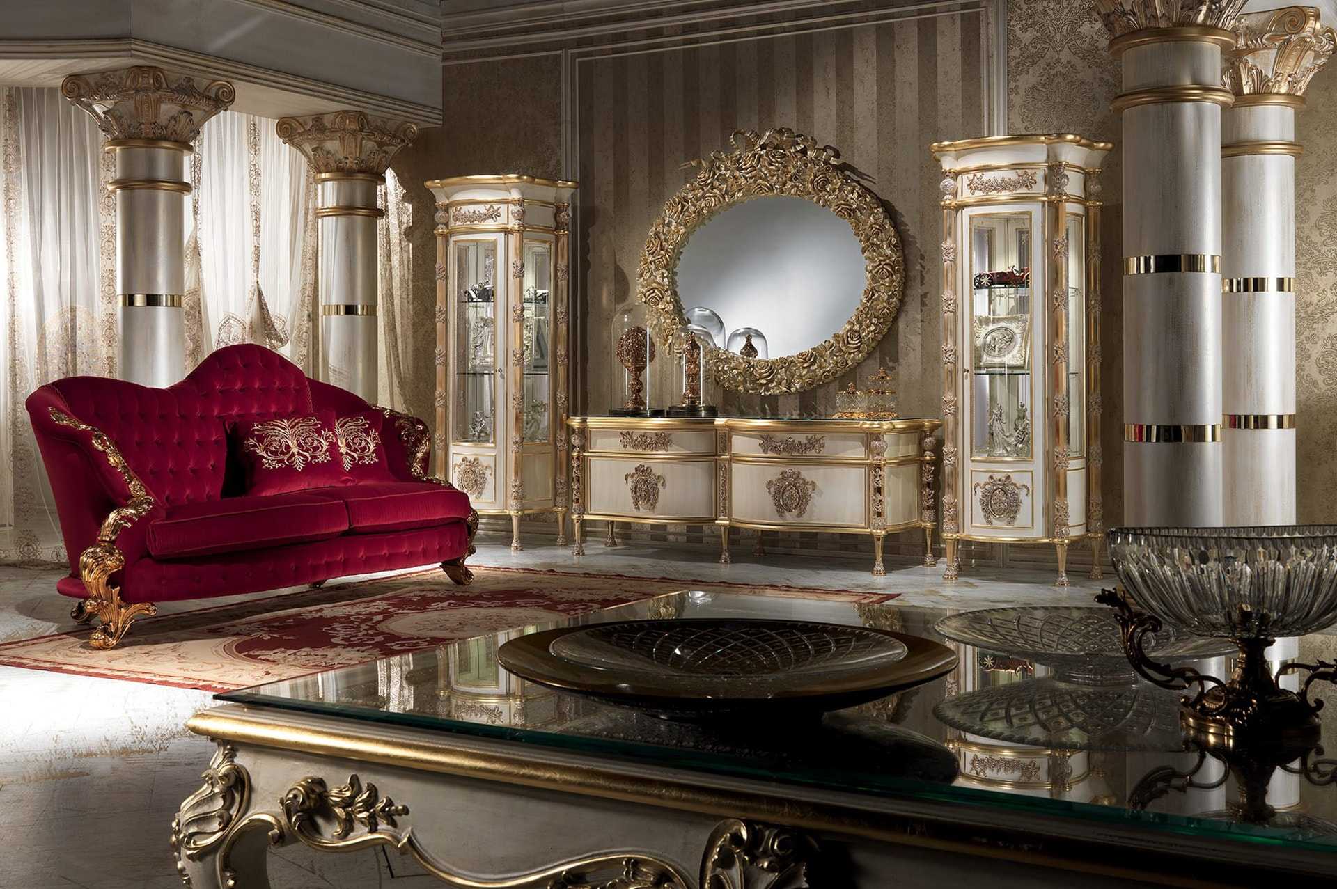 Luxurious Red Velvet Baroque Sofa Set with Intricate Gold Detailing and Grand Decorative Interior Styling