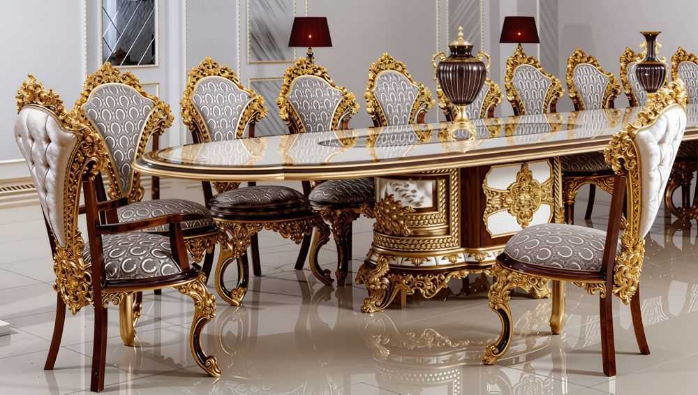Luxury 22-Seater Dining Table with Hand-Carved Vintage Royal Detailing and Gold Accents