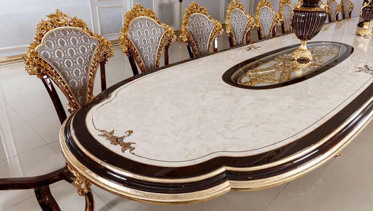 Luxury 22-Seater Dining Table with Hand-Carved Vintage Royal Detailing and Gold Accents