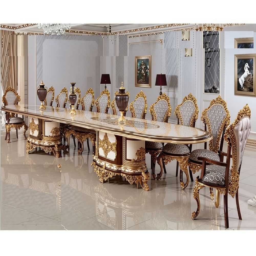 Luxury 22-Seater Dining Table with Hand-Carved Vintage Royal Detailing and Gold Accents