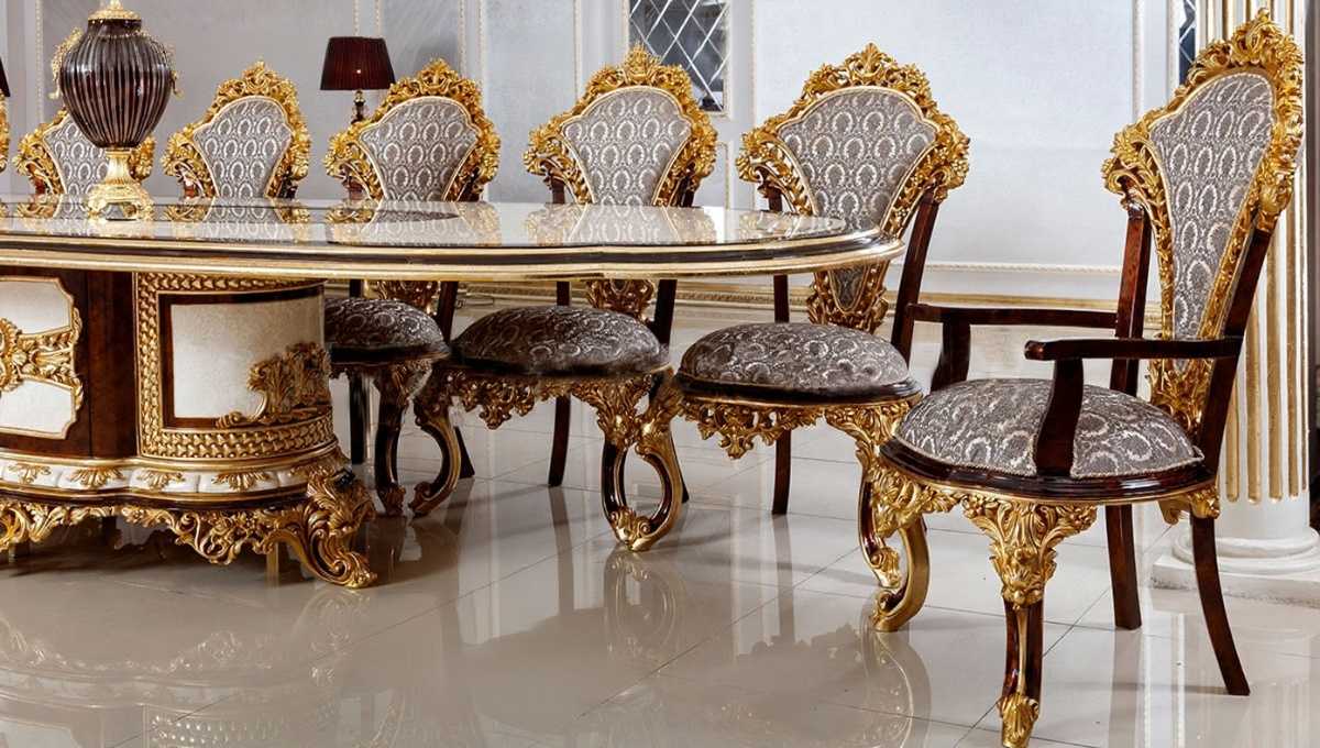 Luxury 22-Seater Dining Table with Hand-Carved Vintage Royal Detailing and Gold Accents