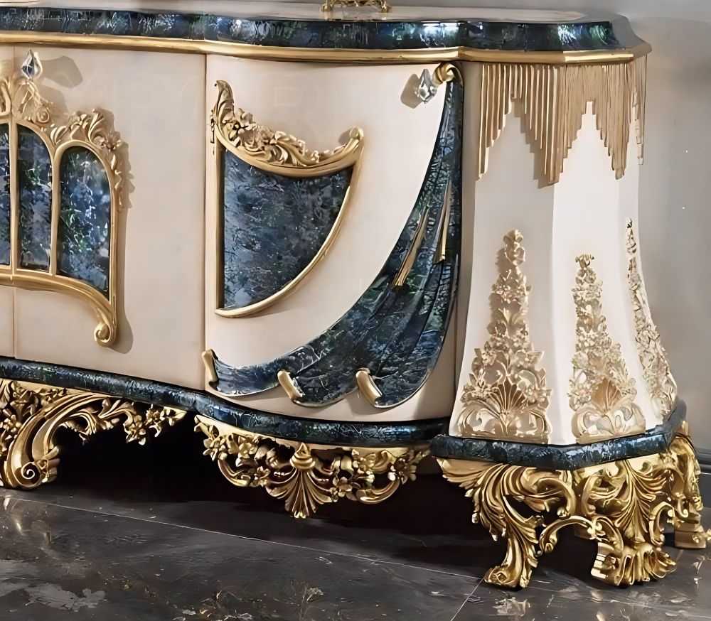 Luxury Baroque Console with Ornate Gold Leaf Detailing, Blue Marble Accents, and Triple Oval Mirrors – Handcrafted Vintage Rococo Style Furniture for Elegant Interior Decor 