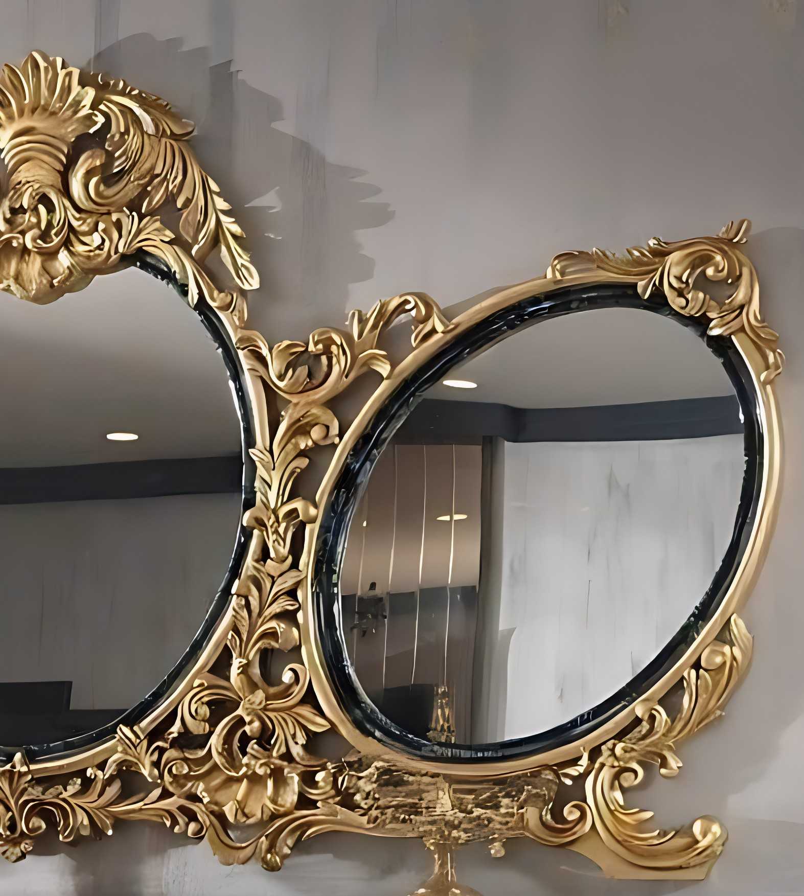 Luxury Baroque Console with Ornate Gold Leaf Detailing, Blue Marble Accents, and Triple Oval Mirrors – Handcrafted Vintage Rococo Style Furniture for Elegant Interior Decor 