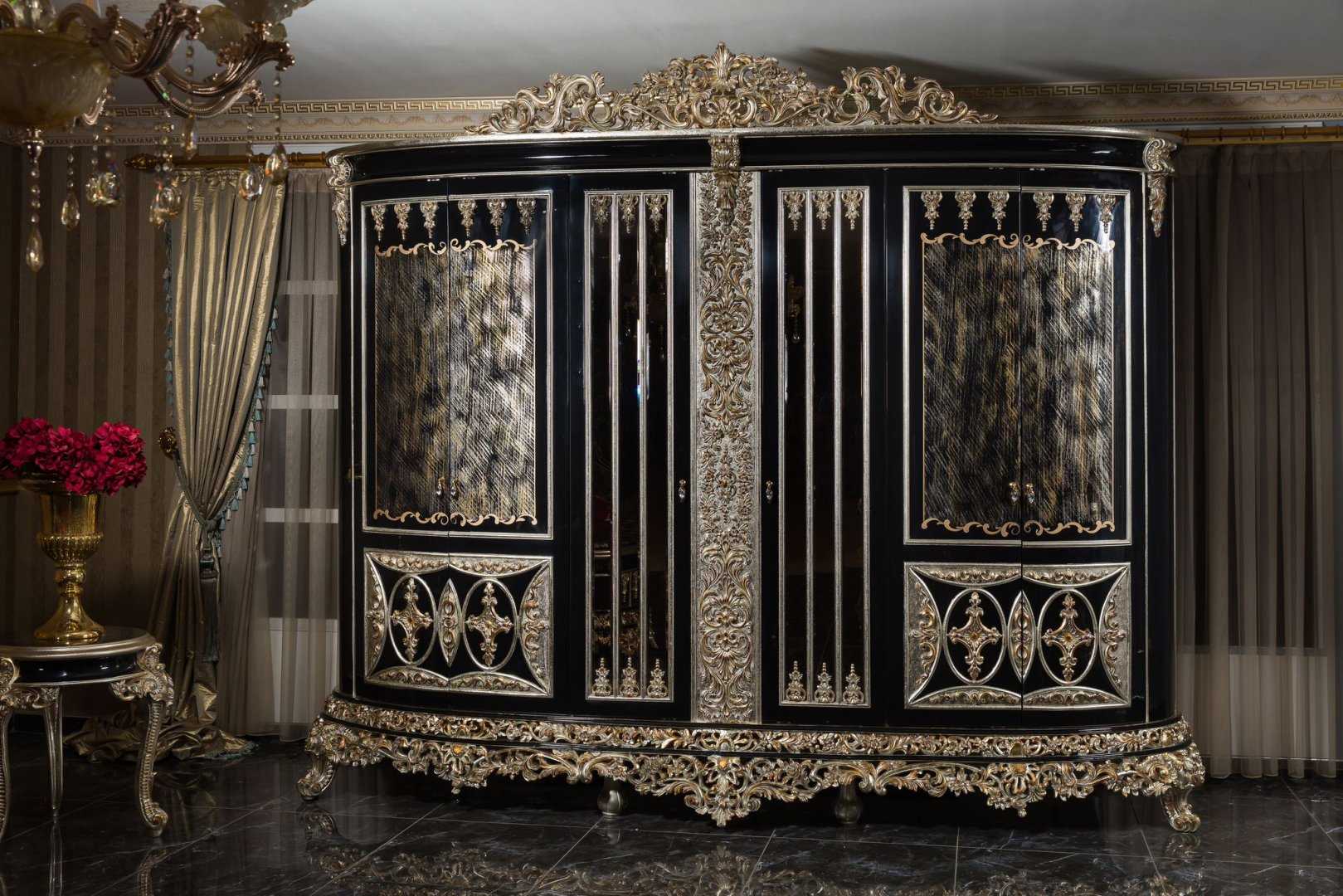 Luxury Black Bedroom Furniture Set with Ornate Gold Carvings and Timeless Baroque Elegance