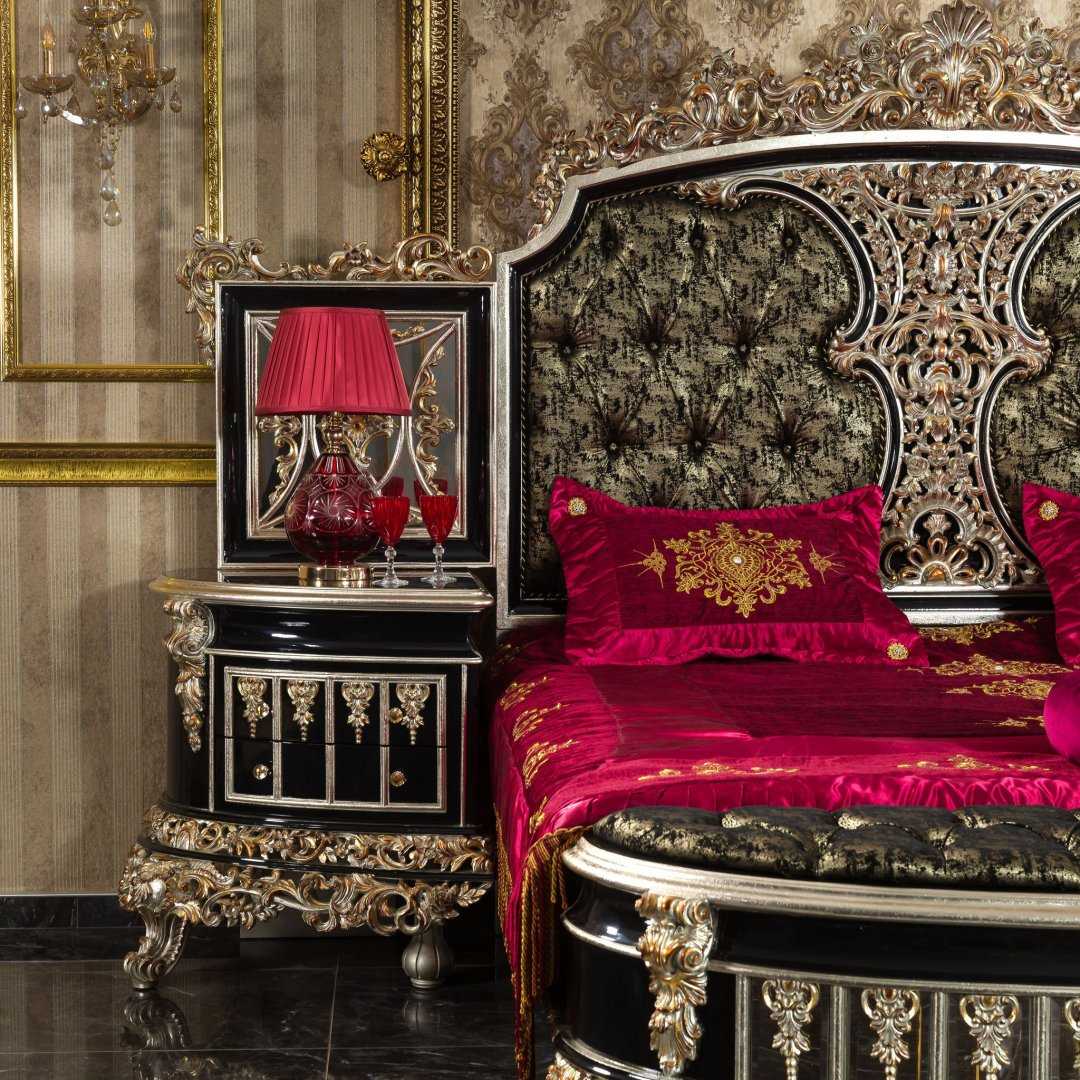 Luxury Black Bedroom Furniture Set with Ornate Gold Carvings and Timeless Baroque Elegance