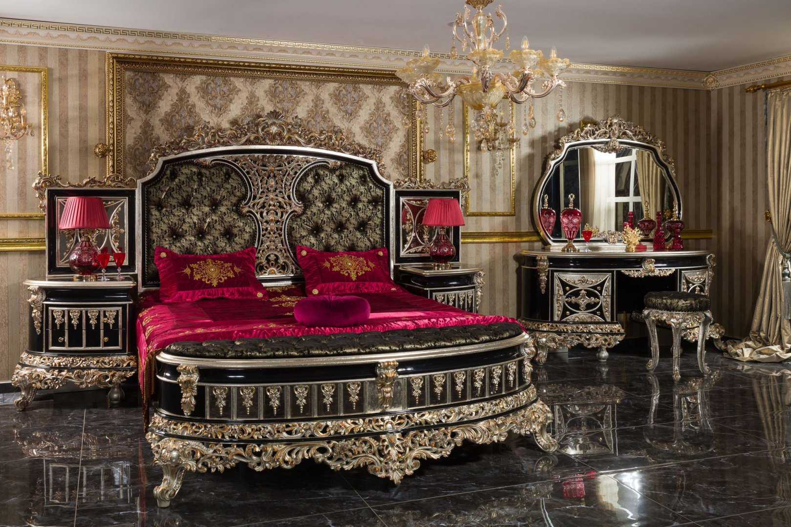 Luxury Black Bedroom Furniture Set with Ornate Gold Carvings and Timeless Baroque Elegance
