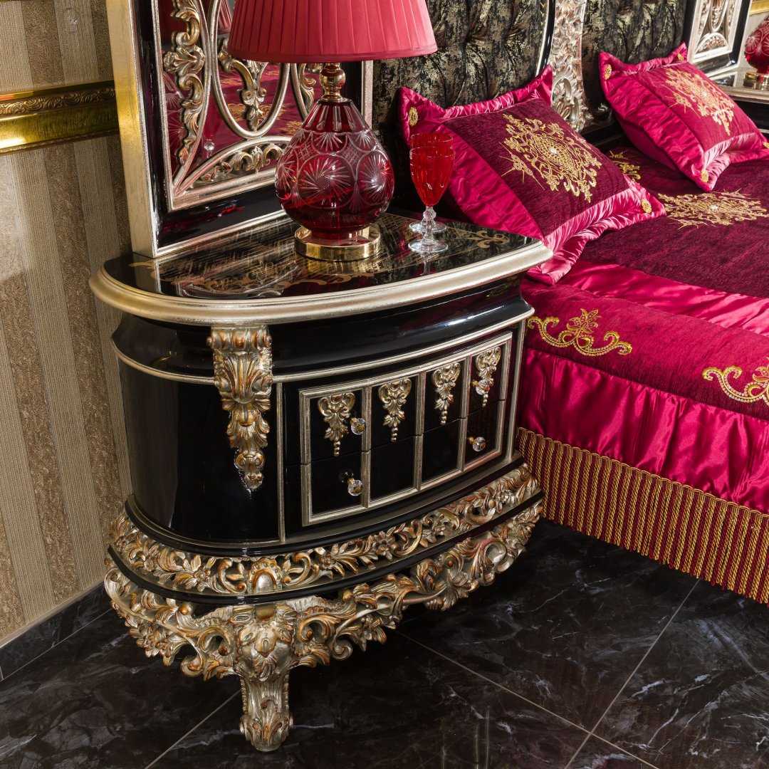 Luxury Black Bedroom Furniture Set with Ornate Gold Carvings and Timeless Baroque Elegance