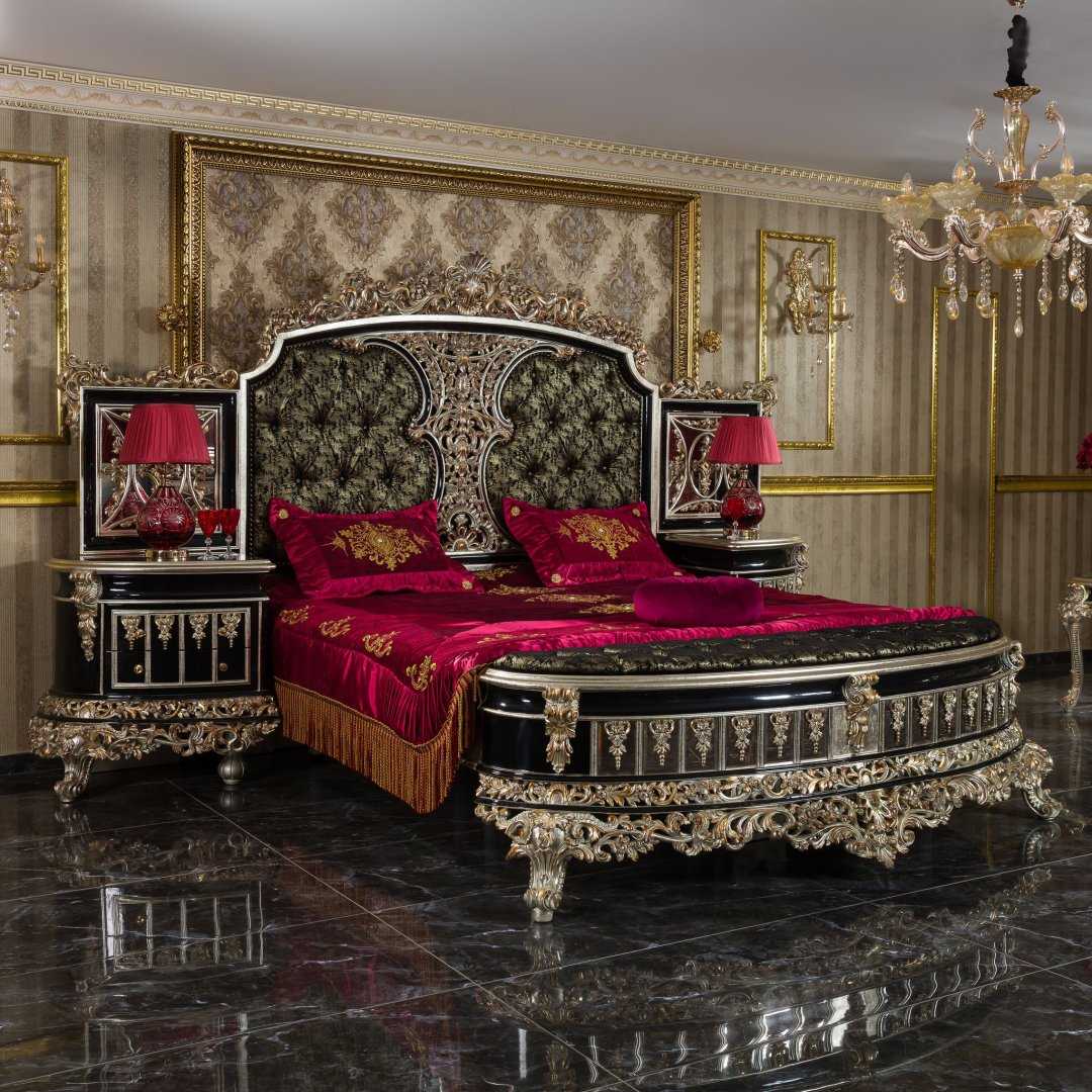 Luxury Black Bedroom Furniture Set with Ornate Gold Carvings and Timeless Baroque Elegance