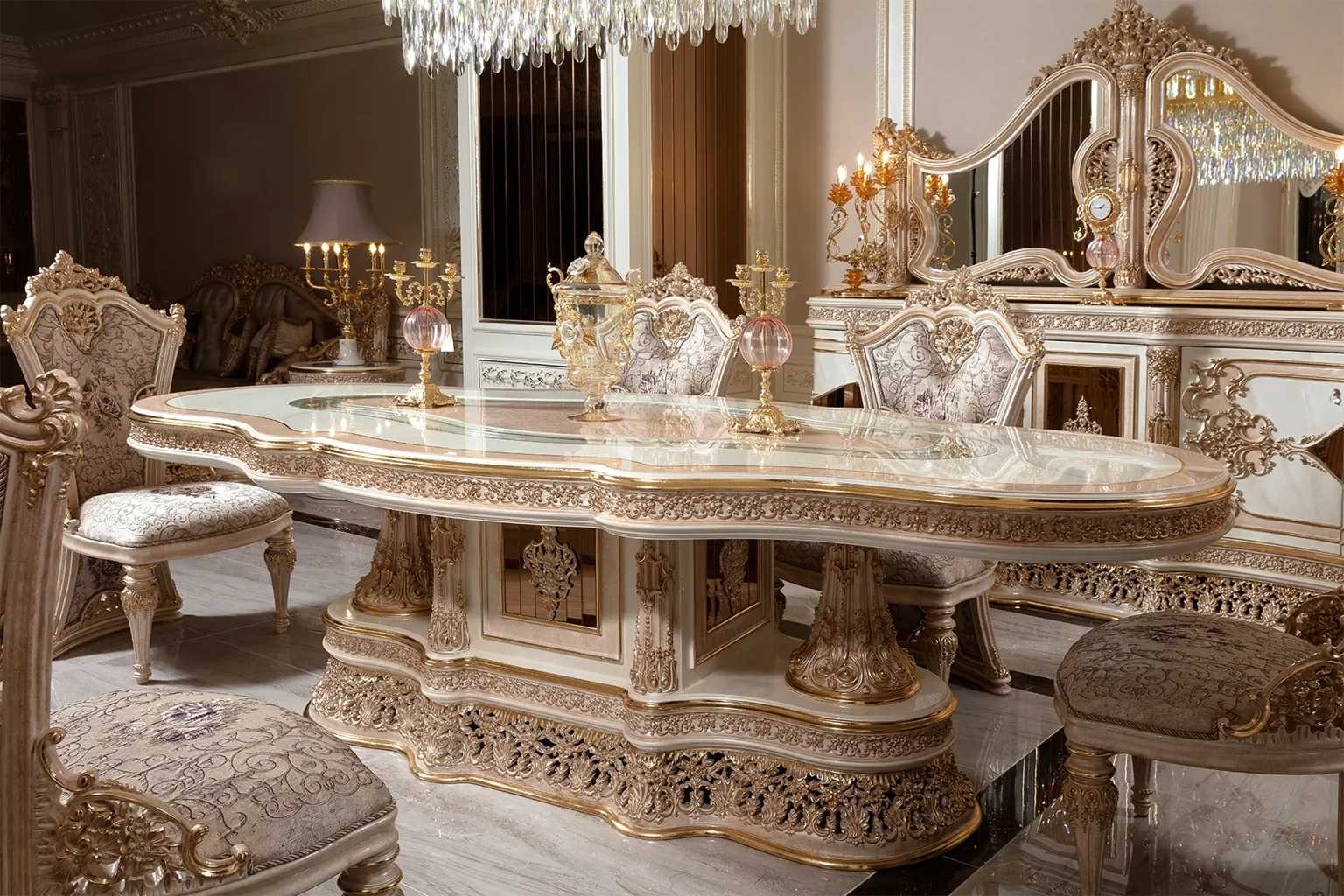 Luxury Cream And Gold Carved Dining Set – Handcrafted 6-Seater Table with Intricate Baroque Detailing and Plush Upholstered Chairs