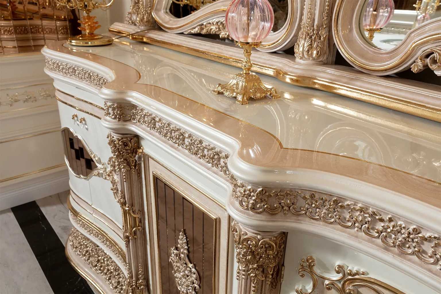 Luxury Cream And Gold Carved Dining Set – Handcrafted 6-Seater Table with Intricate Baroque Detailing and Plush Upholstered Chairs