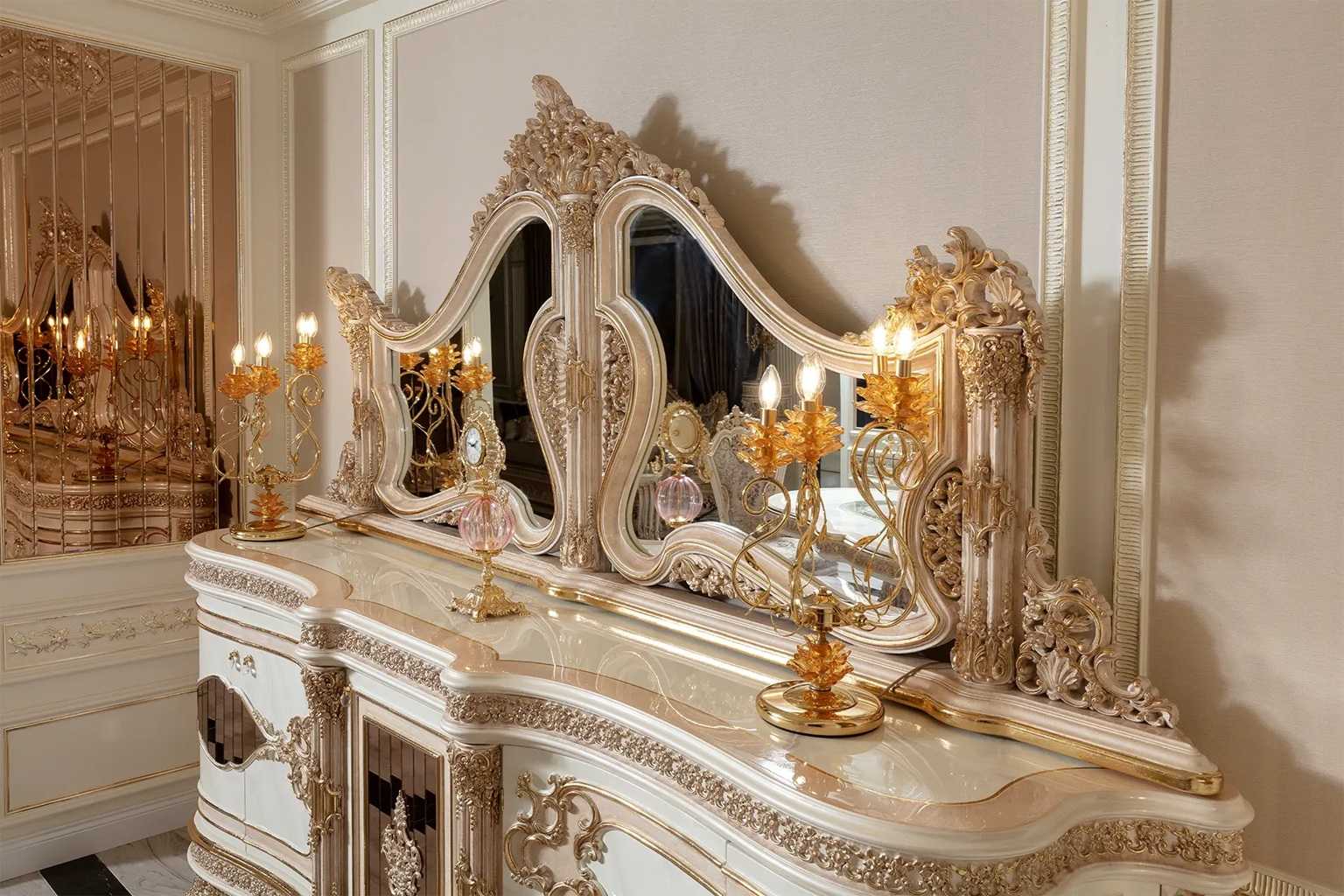 Luxury Cream And Gold Carved Dining Set – Handcrafted 6-Seater Table with Intricate Baroque Detailing and Plush Upholstered Chairs