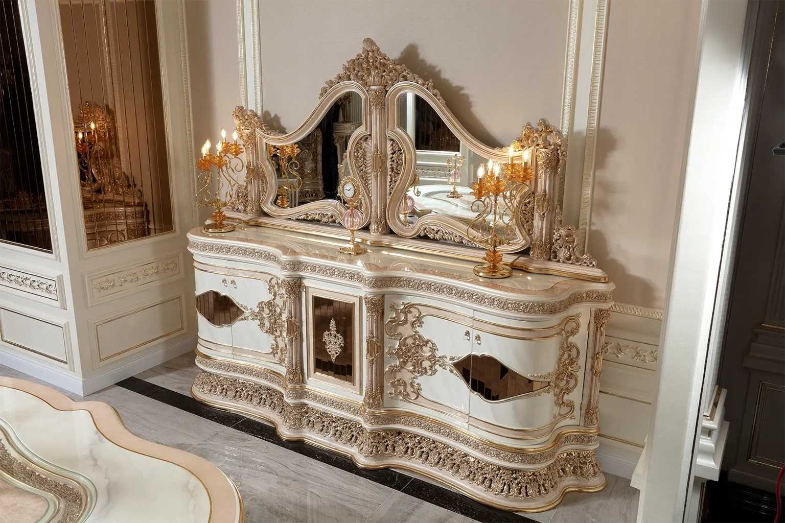 Luxury Cream And Gold Carved Dining Set – Handcrafted 6-Seater Table with Intricate Baroque Detailing and Plush Upholstered Chairs