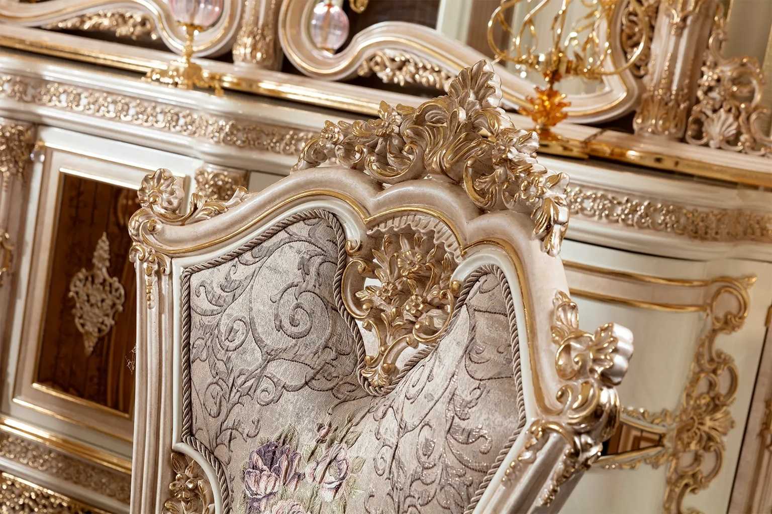 Luxury Cream And Gold Carved Dining Set – Handcrafted 6-Seater Table with Intricate Baroque Detailing and Plush Upholstered Chairs