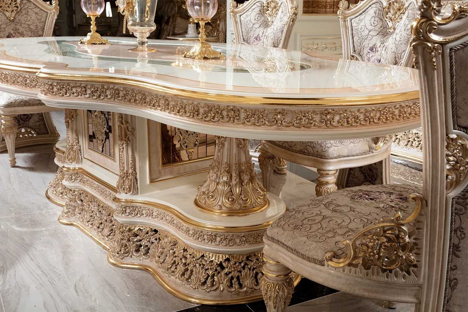 Luxury Cream And Gold Carved Dining Set – Handcrafted 6-Seater Table with Intricate Baroque Detailing and Plush Upholstered Chairs