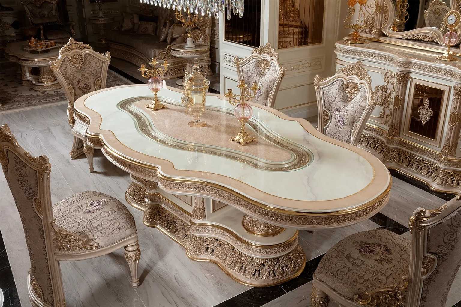 Luxury Cream And Gold Carved Dining Set – Handcrafted 6-Seater Table with Intricate Baroque Detailing and Plush Upholstered Chairs