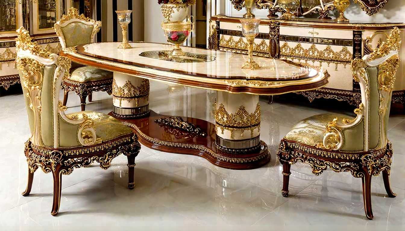   Luxury Dining Table Set  Handcrafted, Gilded Gold Leaf Detailing, Rococo-Inspired, Upholstered Chairs Premium European Design