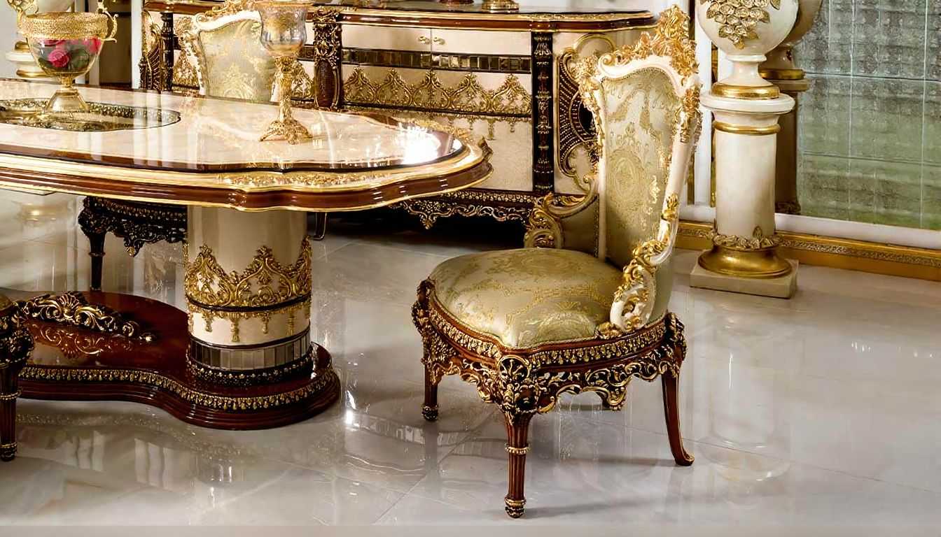   Luxury Dining Table Set  Handcrafted, Gilded Gold Leaf Detailing, Rococo-Inspired, Upholstered Chairs Premium European Design